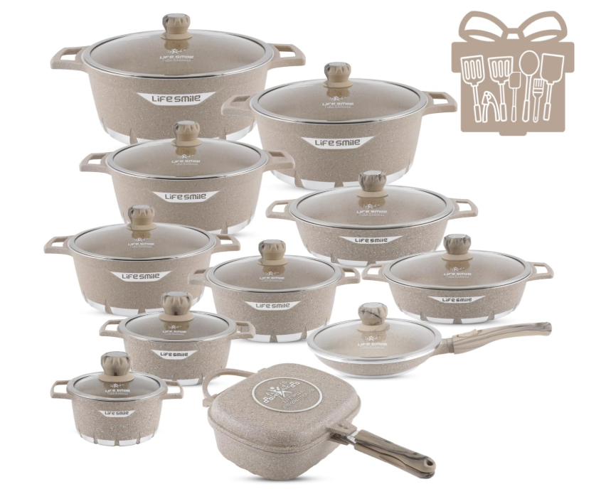 LIFE SMILE 25-Piece Cookware Set | Granite Stone Non-Stick Pots & Pans | طقم أواني الطبخ 25 قطعة جرانيت