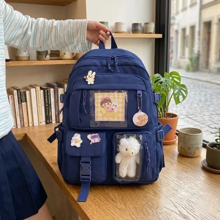 Cute White Canvas Backpack Multi Pocket School Bag