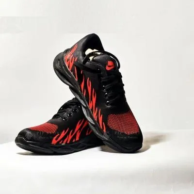 Men's Black Red Flame Running Sneakers with Laces