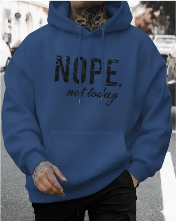 Men Blue Printed Fleece Hoodie with "NOPE" Design