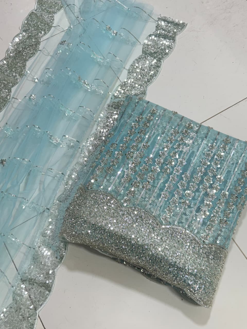 2PC Net Fabric Turkish Cut Dana Long Shirt with Back Dupatta