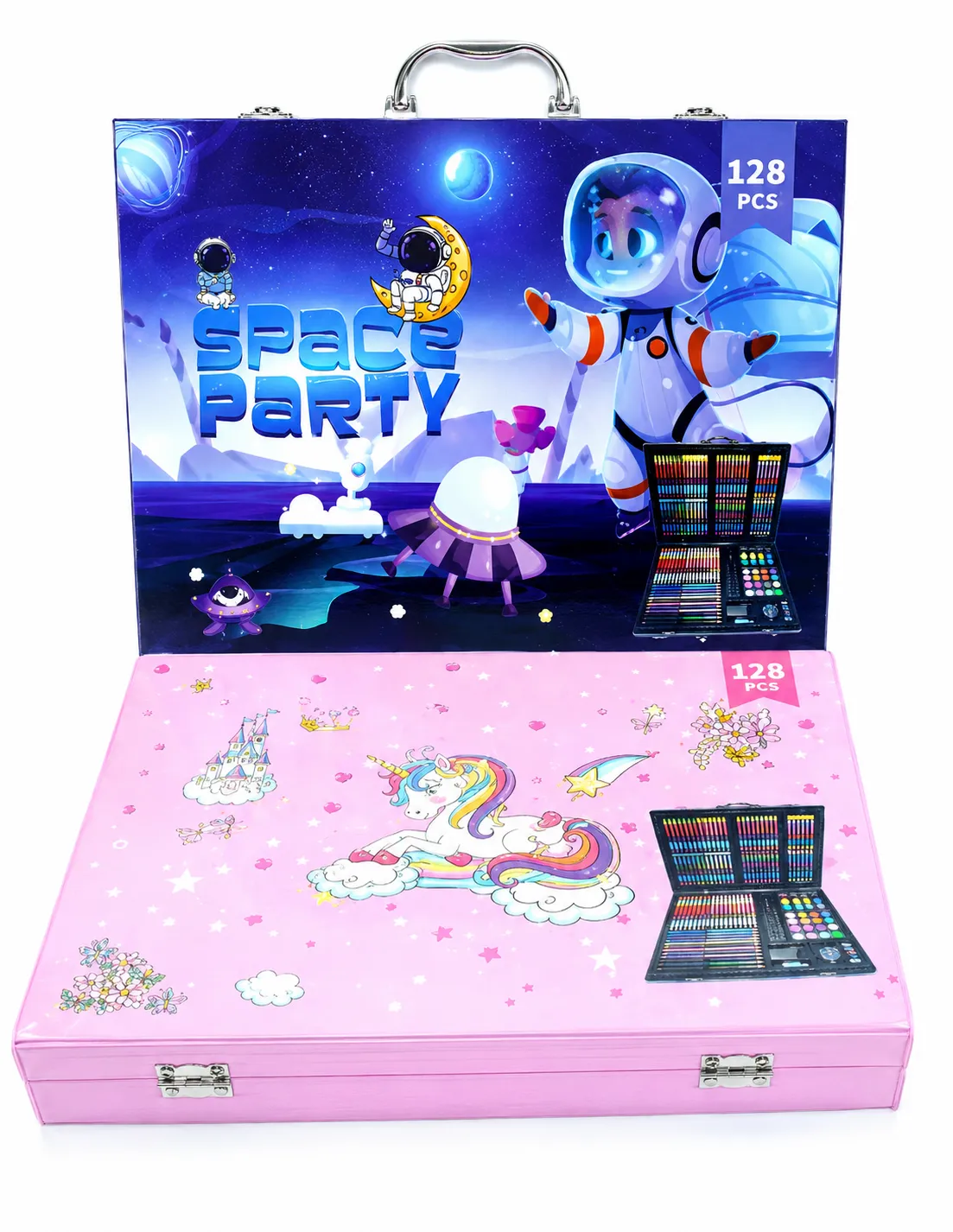 128 Pcs Deluxe Wooden Art Set Unicorn Space Party Artist kit