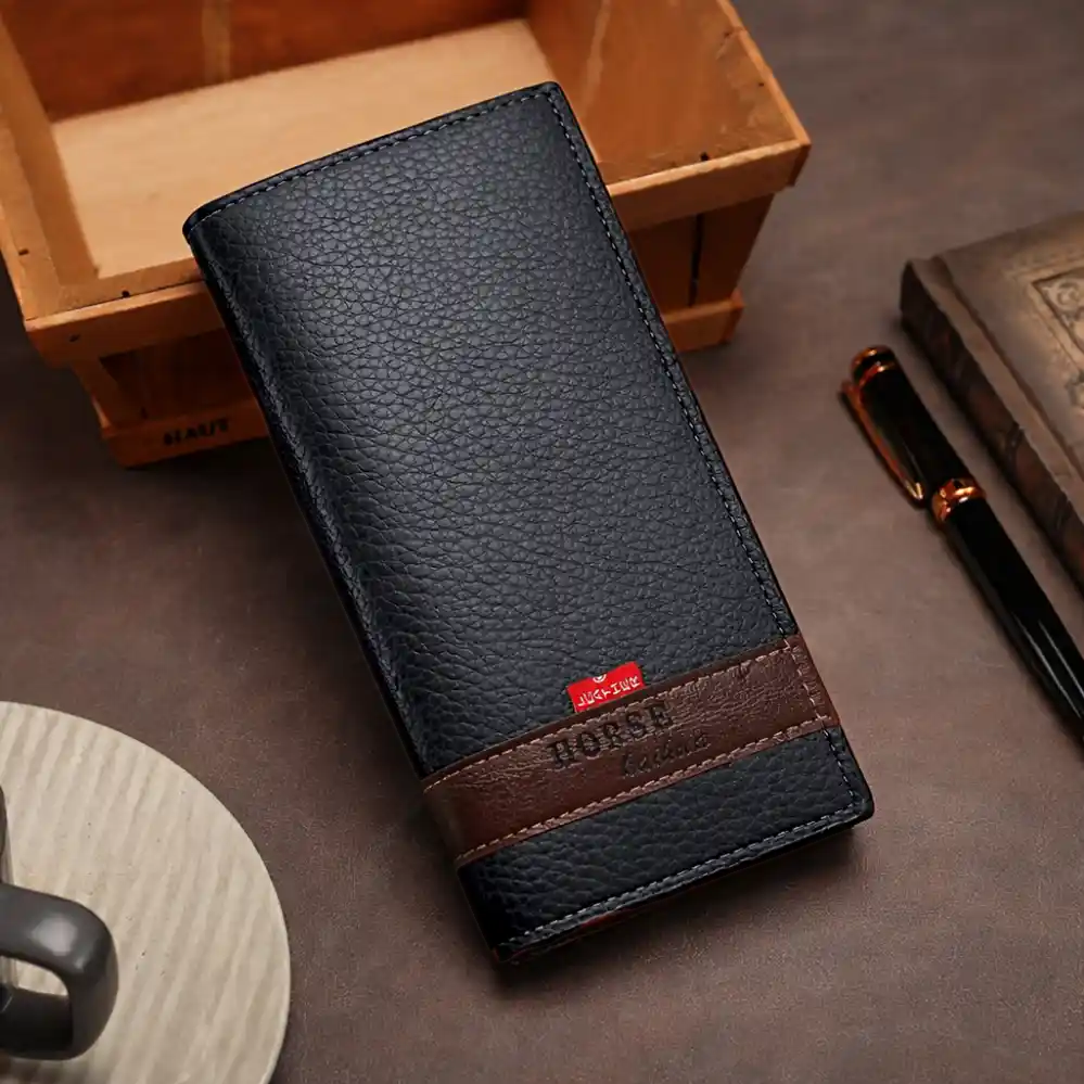 Long Wallet Purse – Contrast Band Design with Card Slots & Zipper Pocket