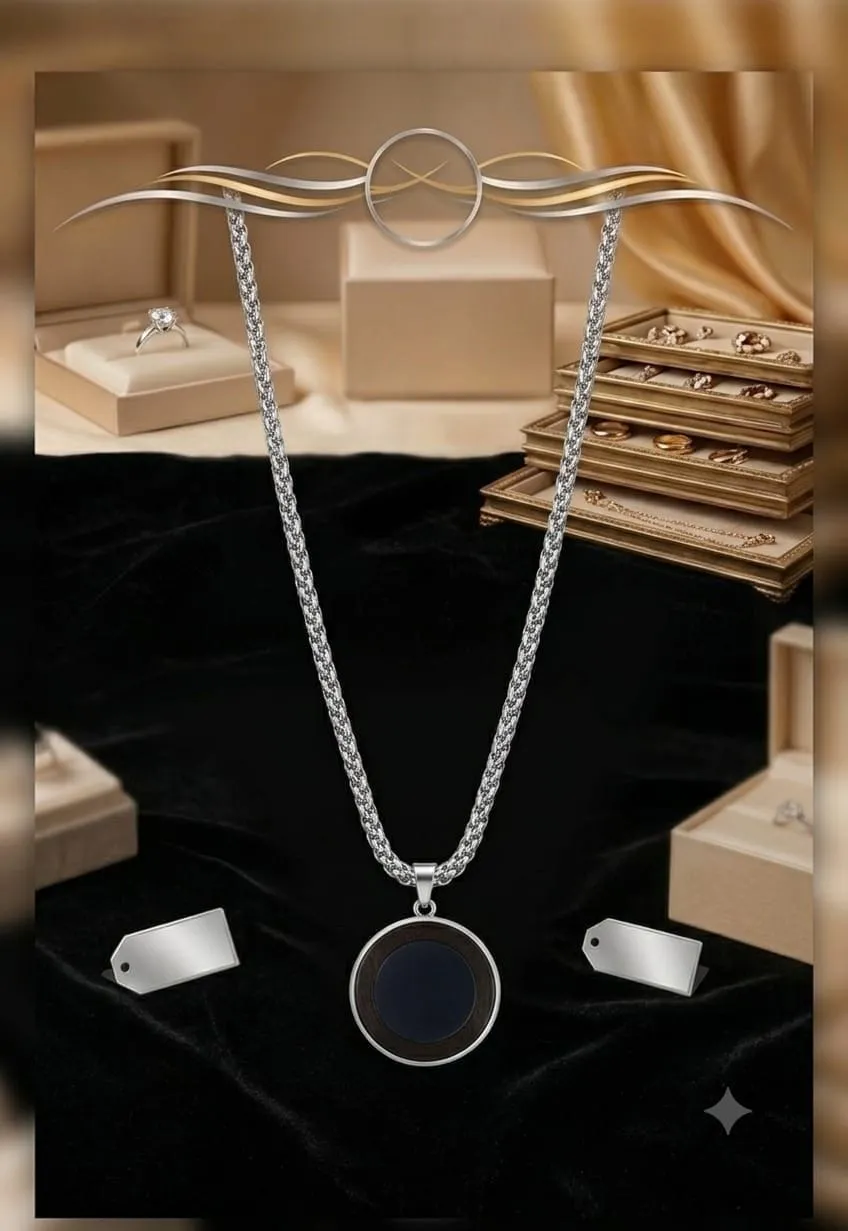 Silver Stainless Steel Chain With Round Black Locket