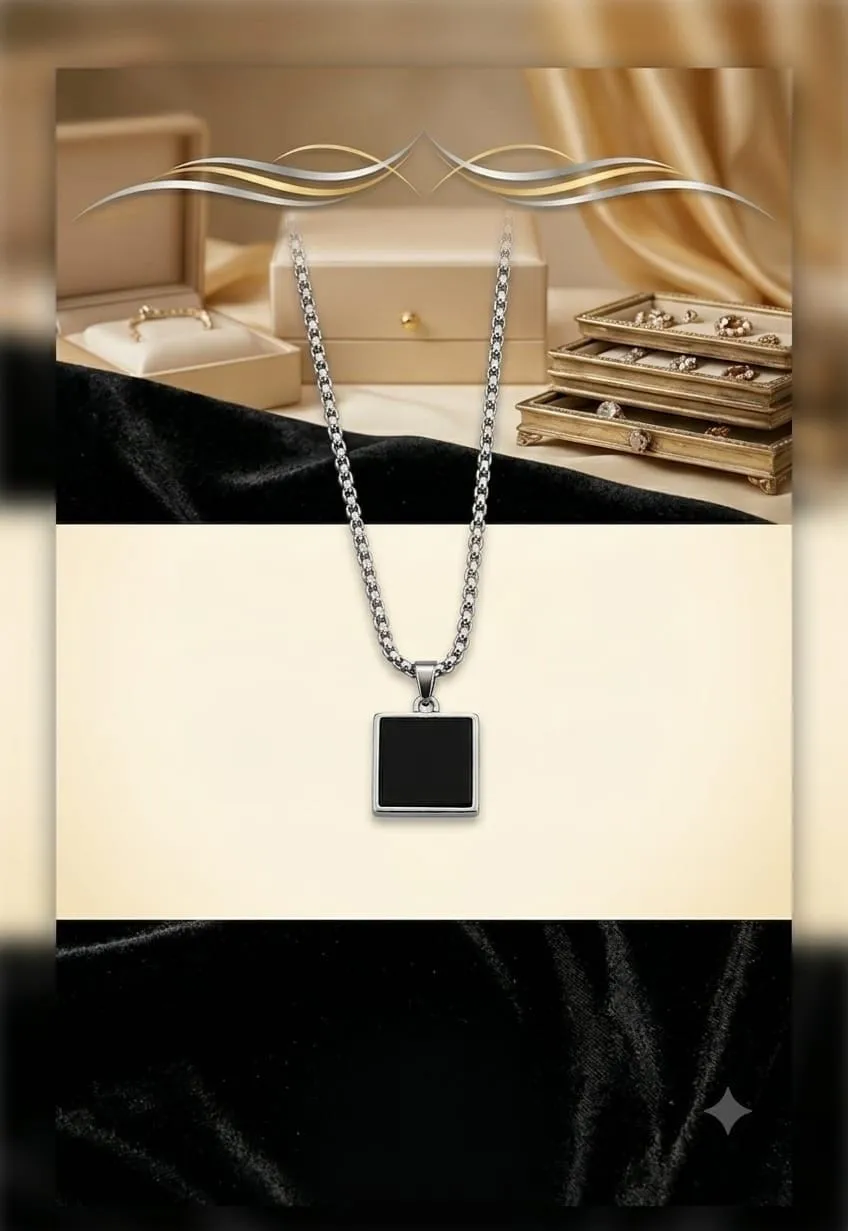 Silver Stainless Steel Chain With Black  Square Stone