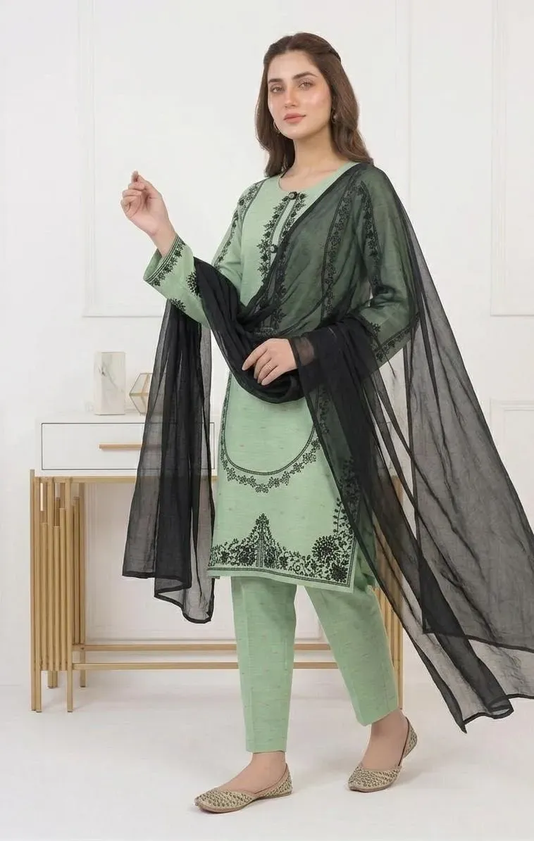 Green embroidered kurta set with black shawl