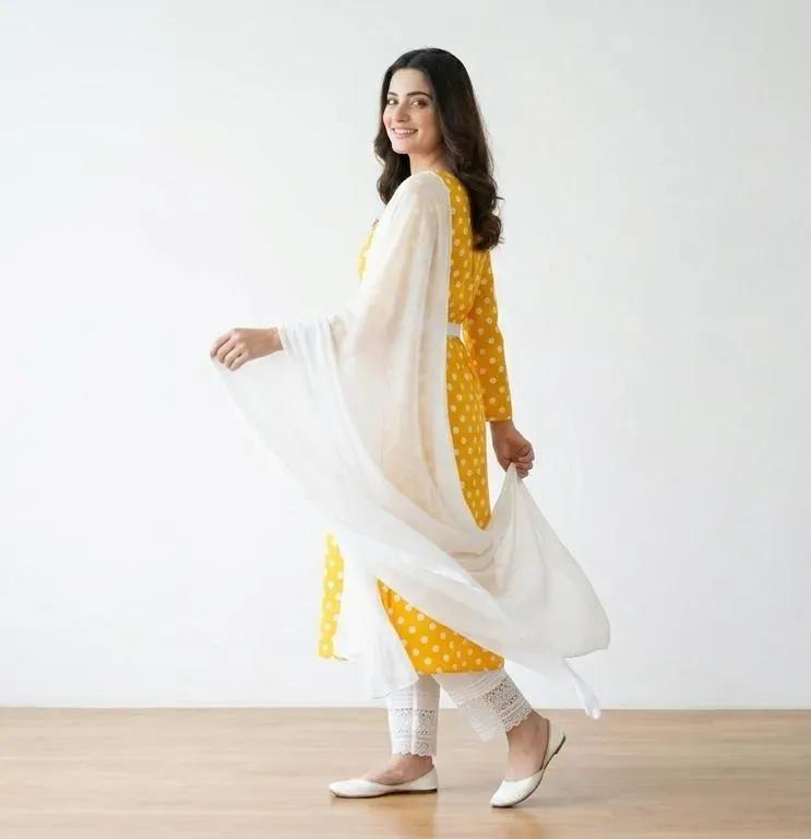 Women yellow dot polka set with white dupatta